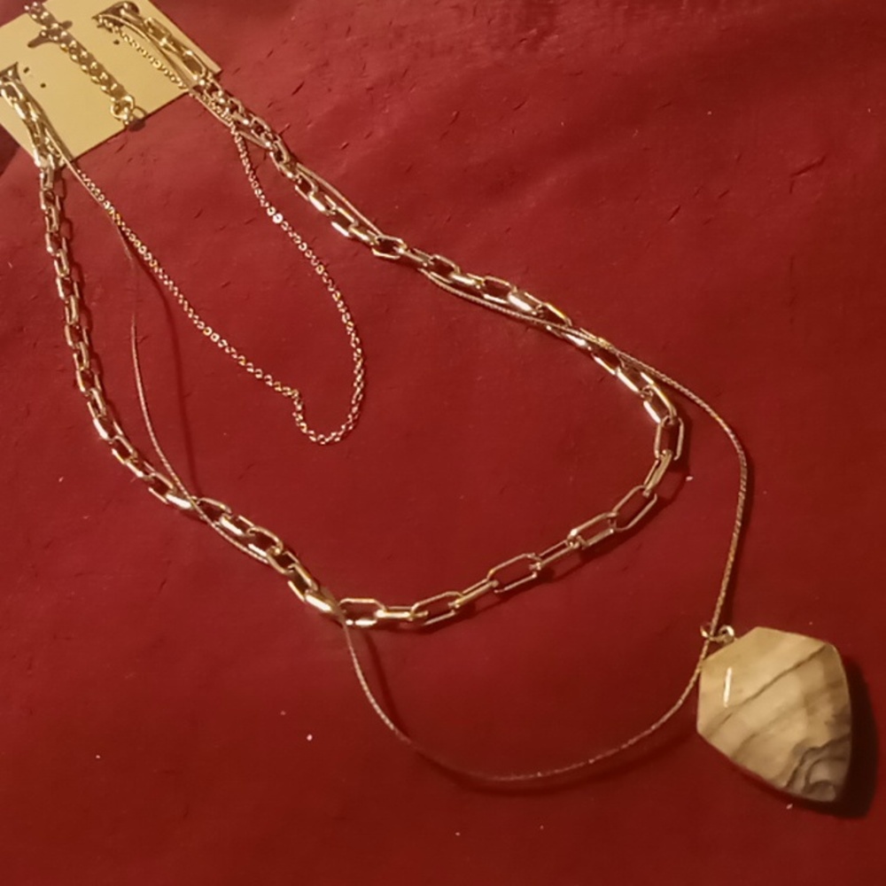 Layered paperclip chain natural agate stone & box chain nwt